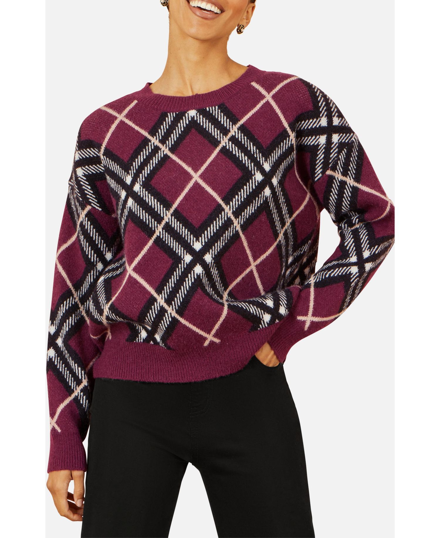 Women's Woomen's Argyle Check Relaxed Sweater
