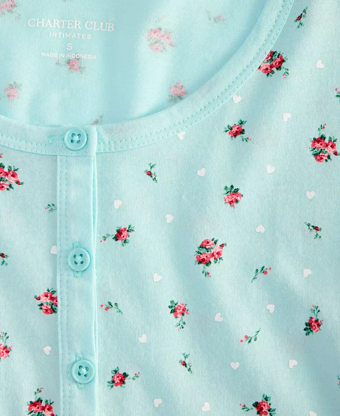Women's Cotton Printed Long Sleeve Henley Sleepshirt - thumbnail 10