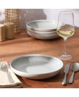 Beckett 4-Piece Ash White Dinner Bowl Set – Reactive Glaze Stoneware – Shallow Pasta Bowls