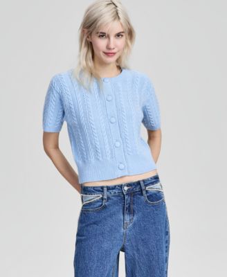 Petite Crewneck Short-Sleeve Cardigan Sweater