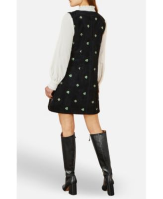 Women's Embroidered Button Up Pinafore Dress