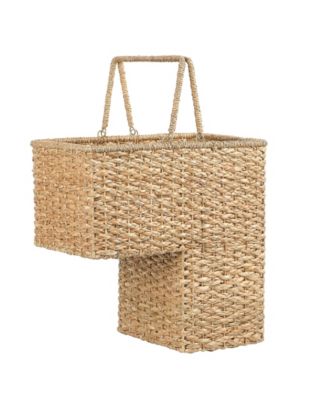 Braided Bankuan and Rattan Stair Basket with Whitewash Finish and Handles, White