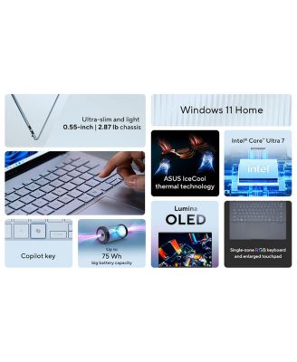 Vivobook S 14 S5406 14" WUXGA OLED Copilot+ PC Laptop, Intel Core Ultra 7 258V 2.2GHz, 32GB RAM, 1TB SSD, Windows 11 Home, Mist Blue