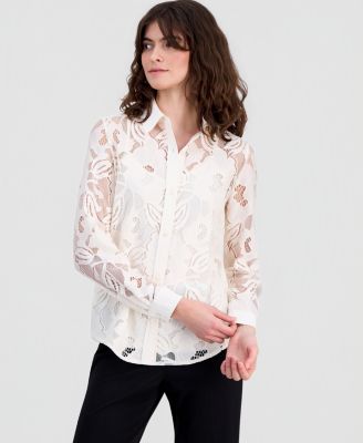 Petite Collared Neck Long-Sleeve Blouse