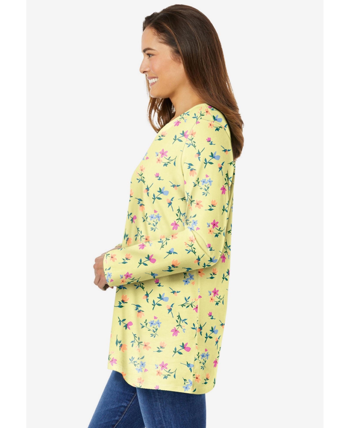 Woman Within Plus Perfect Printed Long-Sleeve Crewneck Tee