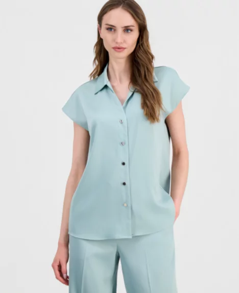 Petite Collared Button-Front Short-Sleeve Shirt - Soft Aloe