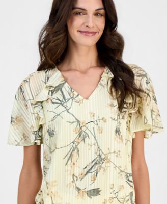 Women's Printed V-Neck Ruffle-Trim Top