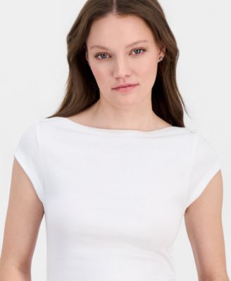 Juniors' Boat-Neck Cap-Sleeve Cotton T-Shirt