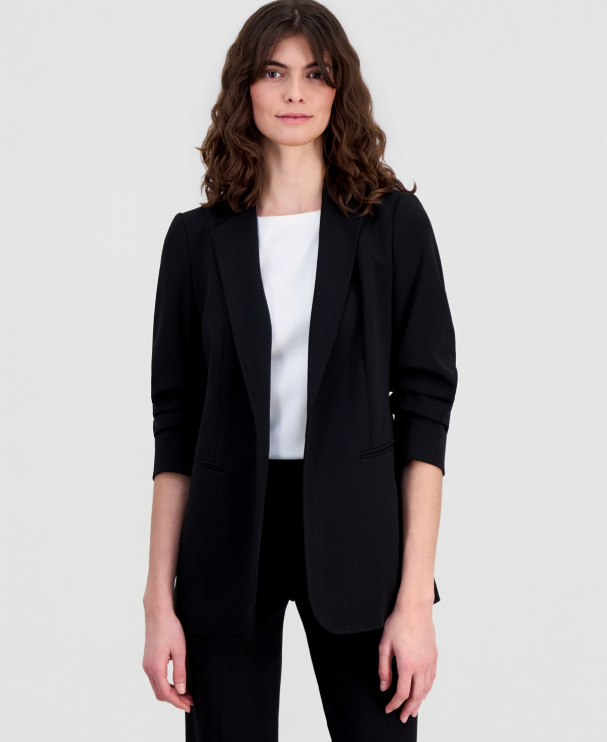 Anne Klein Women's Scrunch-Sleeve Open-Front Blazer - Anne Black