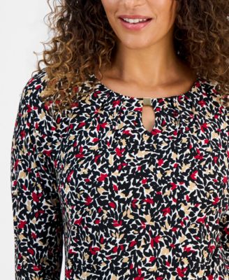 Womens Pleat-Neck 3/4-Sleeve Blouse, Regular & Petite