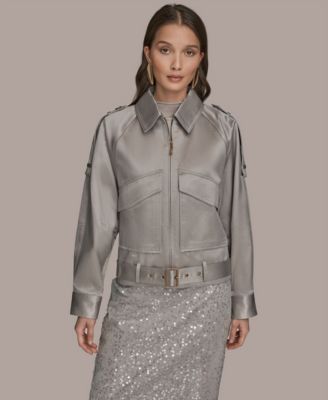 Women's Collared Front Zip Belted Jacket