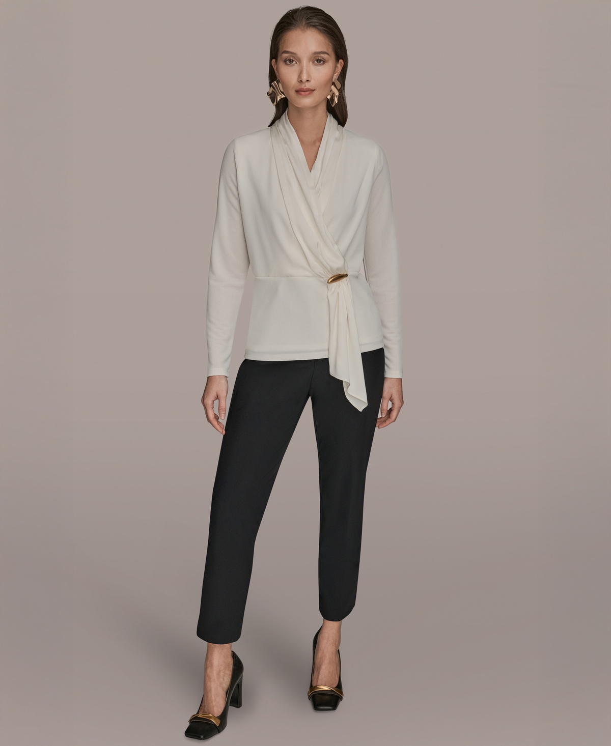 Donna Karan New York Women's Long Sleeves Drape Neck Bar Hardware Top