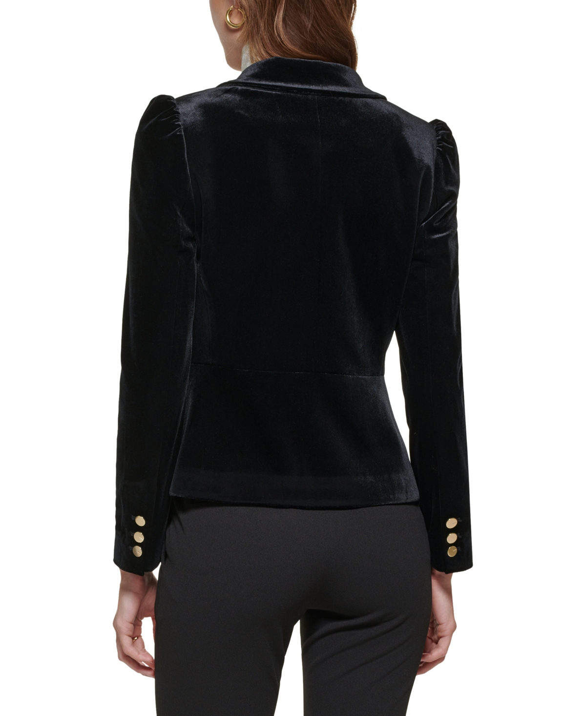 Dkny Petite Notch Collar Puff-sleeve Velvet Jacket In Black