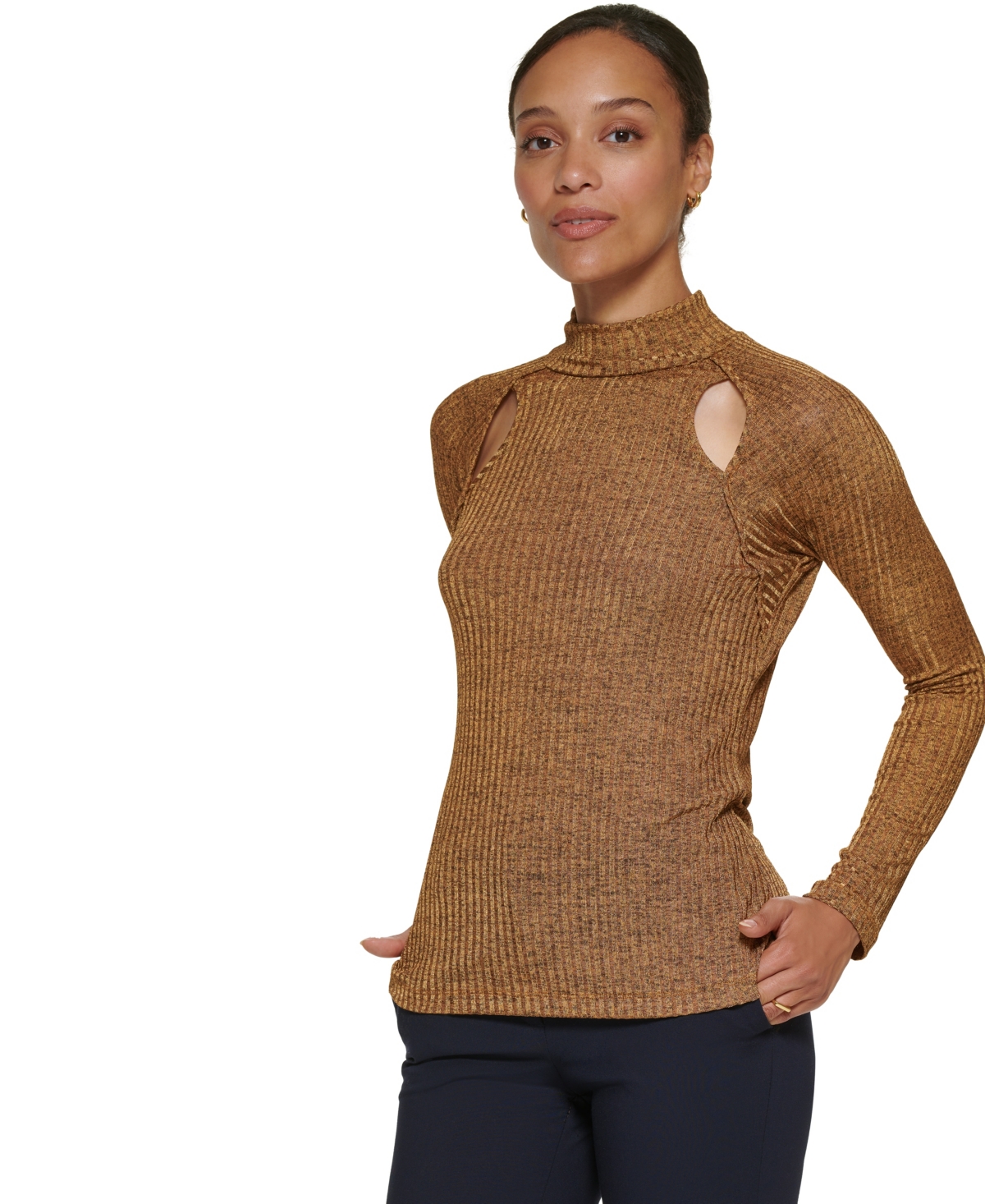 Dkny Petite Long-sleeve Tie Neck Blouse In Brown