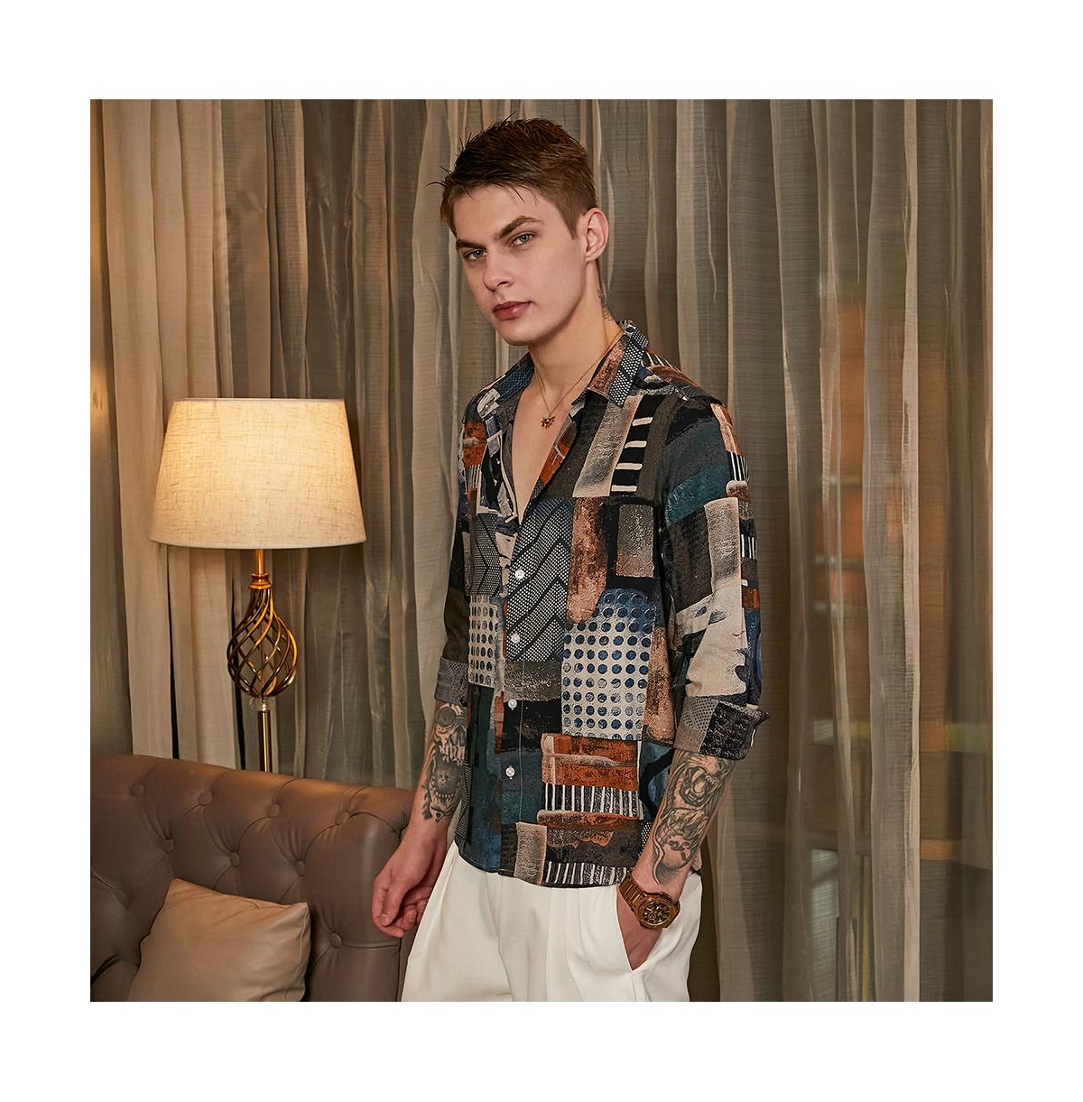 Campus Sutra Men's Indigo Blue & Coffee Brown Earthy-Abstract Shirt