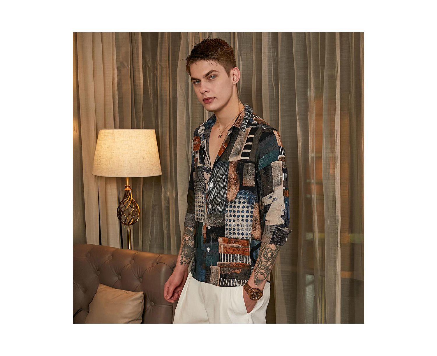 Men's Indigo Blue & Coffee Brown Earthy-Abstract Shirt
