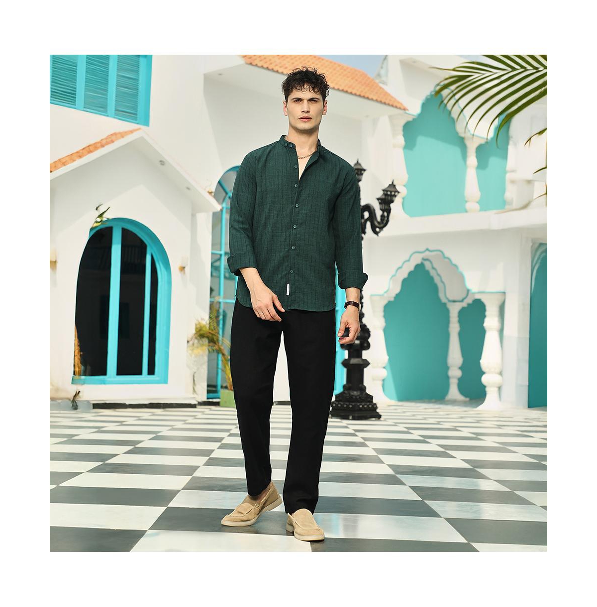 Campus Sutra Men's Emerald Green Pinstriped-Tactile Shirt