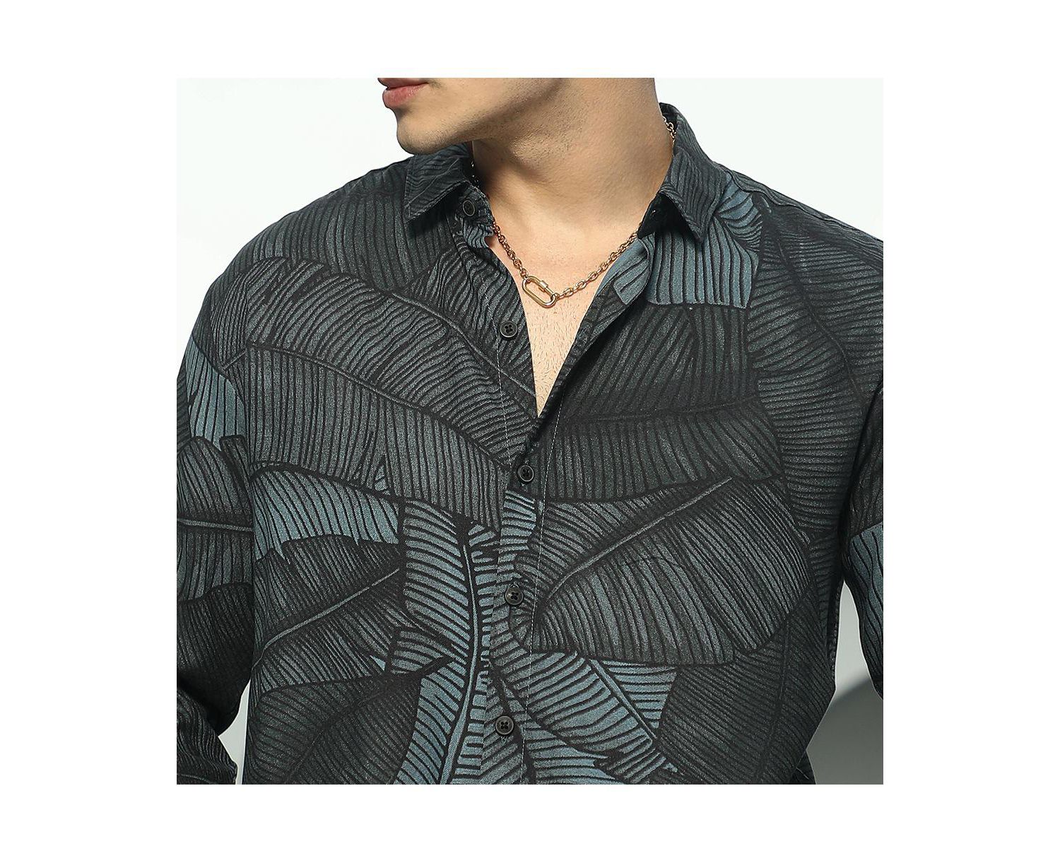 Men's Viridian Green Foliage-Outline Shirt