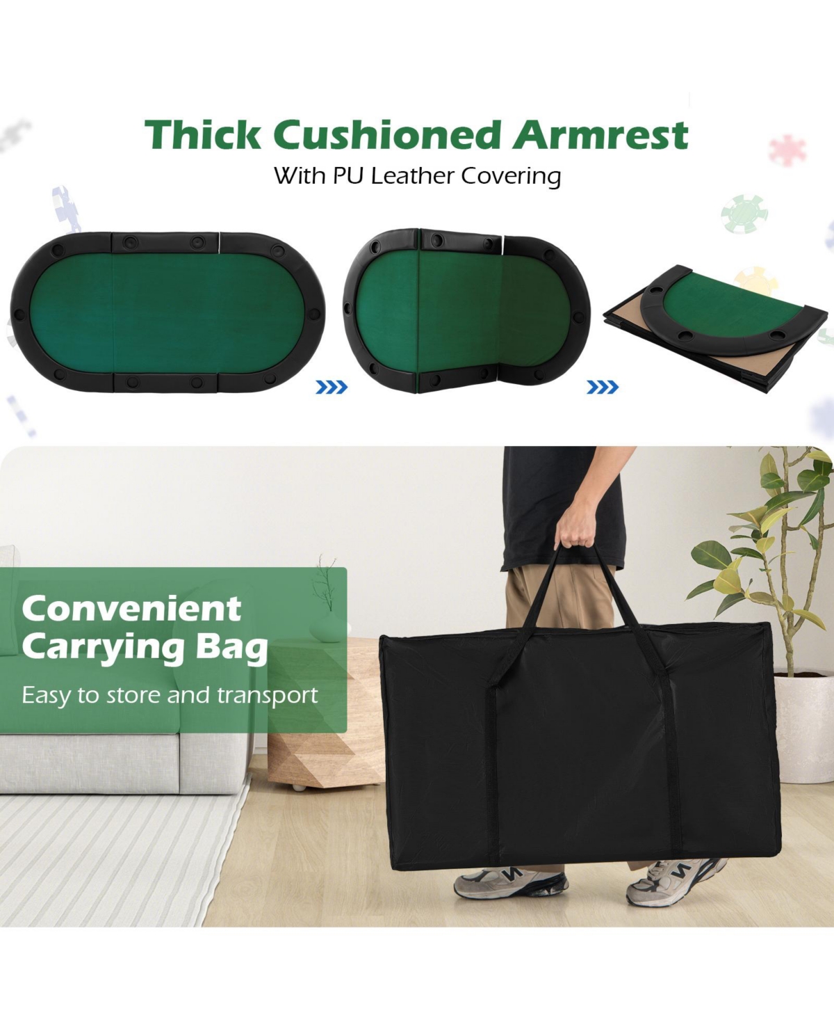 Hongge 84 Inch 10 Player Folding Poker Table Top with Cup Holders and Casino Felt Surface