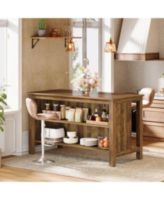 Kitchen Island with Storage, 59-Inch Large Farmhouse Stationary Island Table, Rustic Brown
