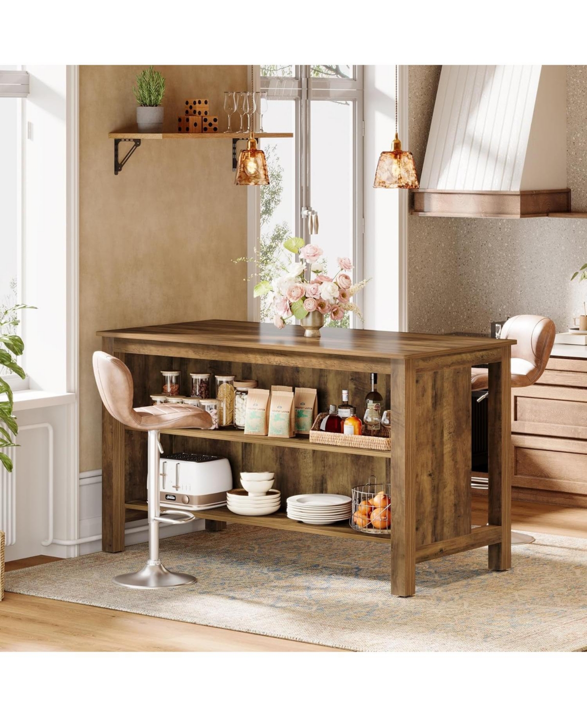 Tribesigns Kitchen Island with Storage, 59-Inch Large Farmhouse Stationary Island Table, Rustic Brown