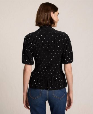 Women's Bubble Sleeve Silky Knit Smocked Mock Neck Top