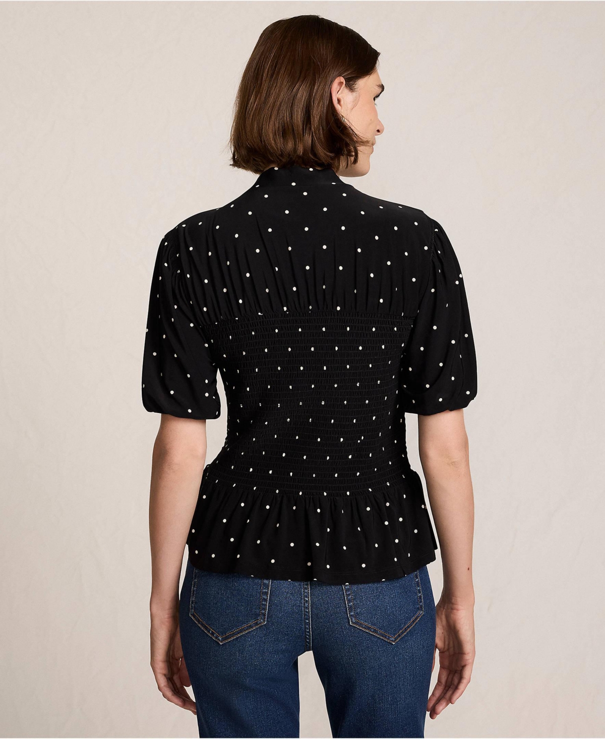 Lands' End Women's Bubble Sleeve Silky Knit Smocked Mock Neck Top