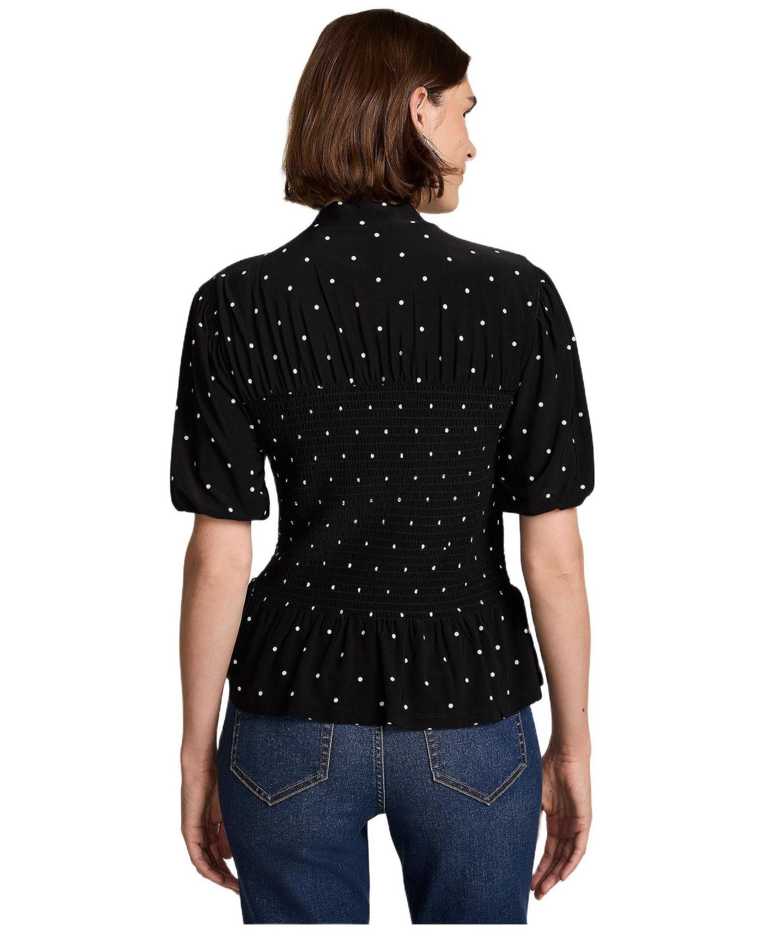 Women's Bubble Sleeve Silky Knit Smocked Mock Neck Top