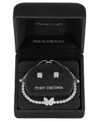 Fine Silver Plated Cubic Zirconia Butterfly Bracelet and Stud Earrings Set
