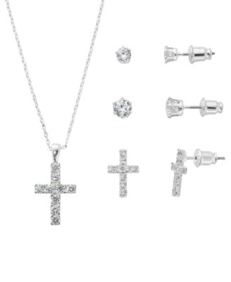 Silver-Tone Cubic Zirconia Cross Pendant Necklace and 2 of Pair Stud Earrings Set