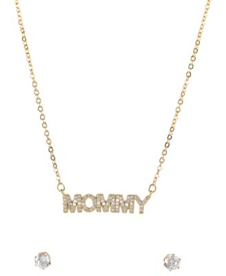 Gold-Tone "MOMMY" Cubic Zirconia Pendant Necklace and Stud Earrings Set