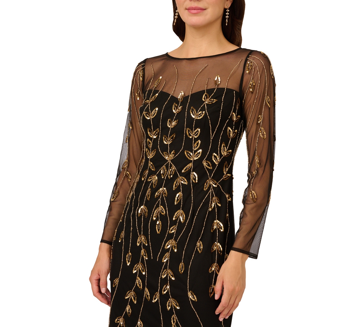 Adrianna Papell Petite Long-sleeve Beaded Dress In Black
