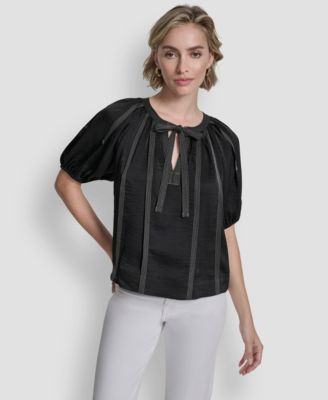 DKNY - Women's Puff-Sleeve Top Stitch Tie Front Blouse