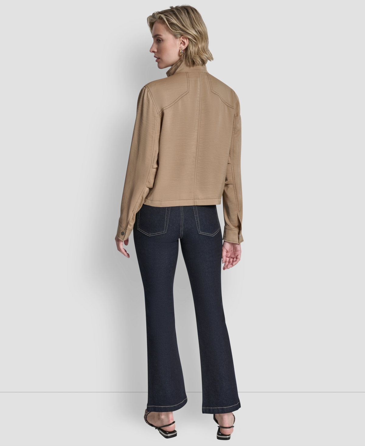 Dkny Women's Top Stitch Glazed High Mock Neck Dressing Jacket In Brown