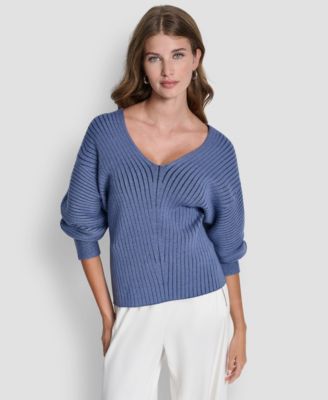 Women's V-Neck Long-Sleeve Rib-Knit Sweater 