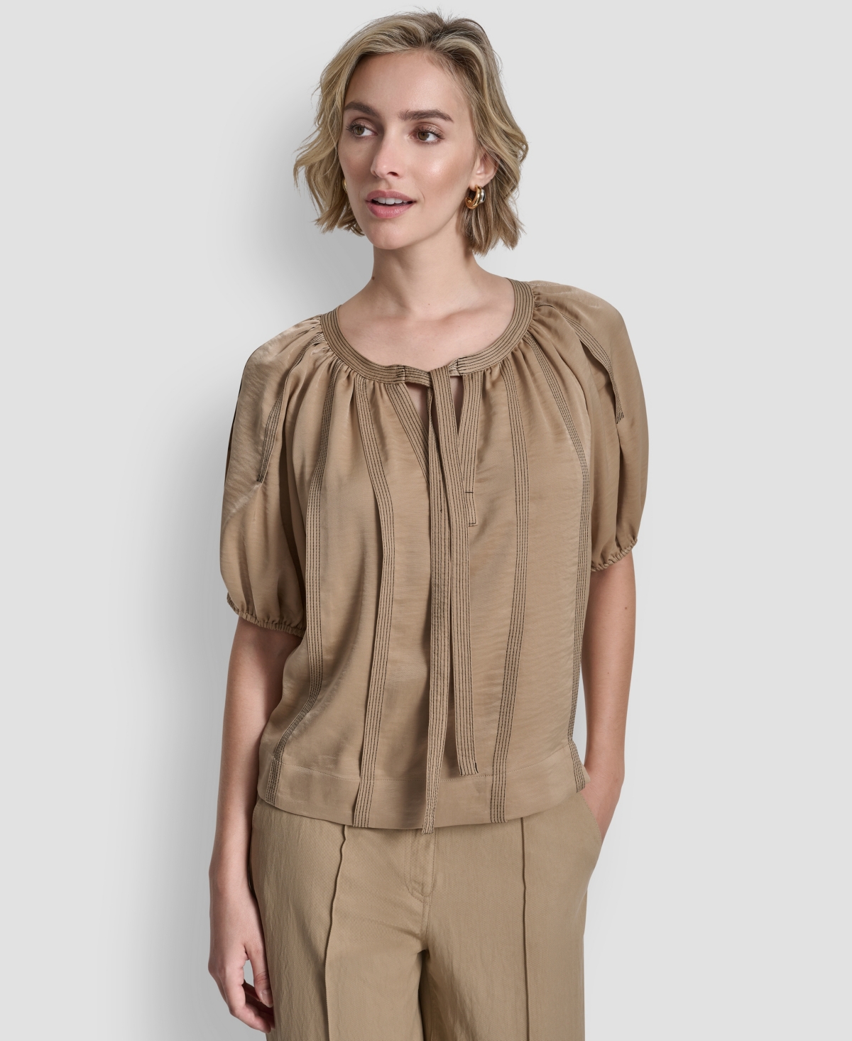 Dkny Women's Puff-sleeve Top Stitch Tie Front Blouse In Brown