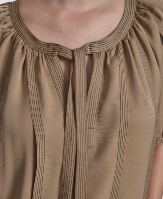 Women's Puff-Sleeve Top Stitch Tie Front Blouse