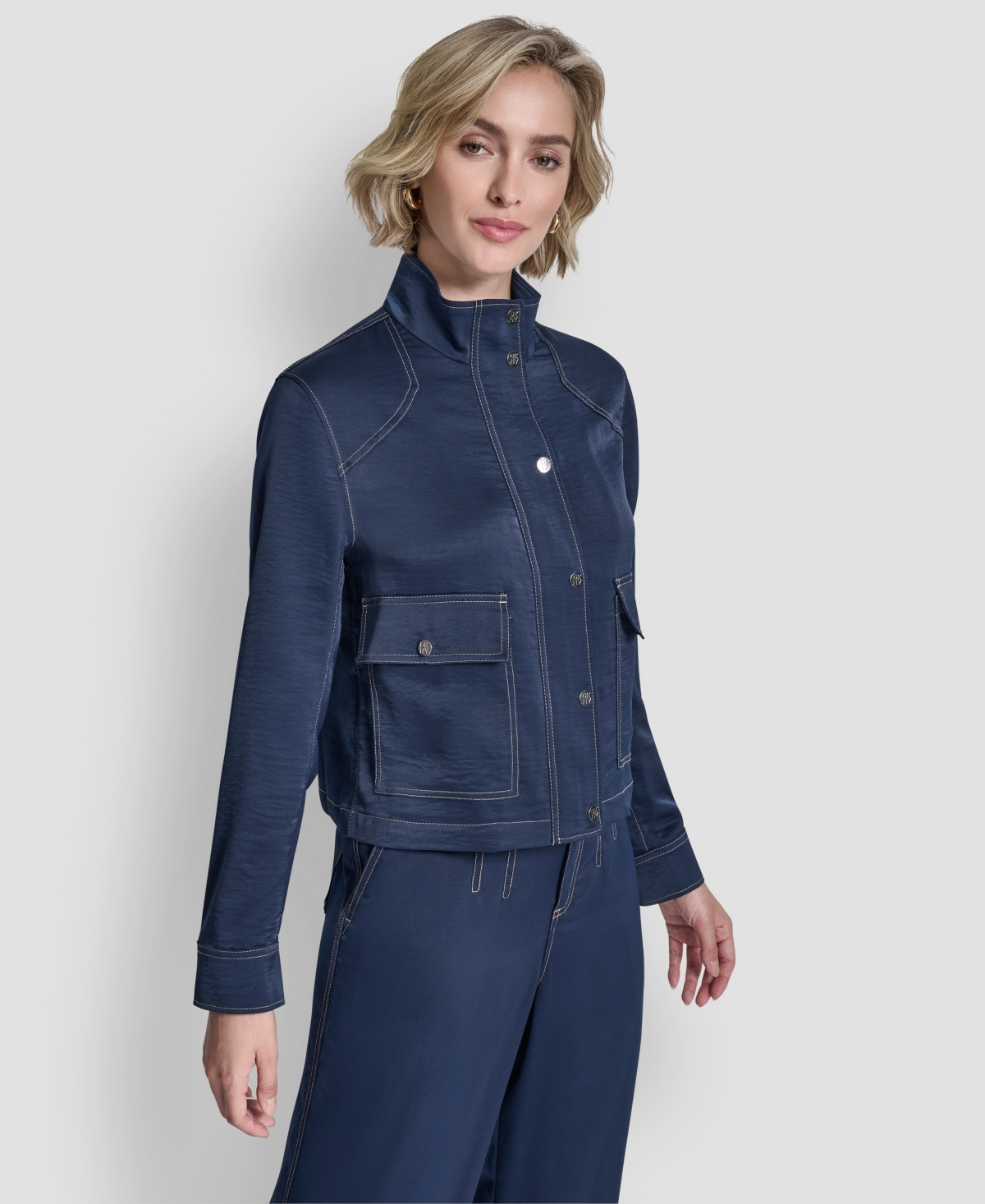 Dkny Women's Top Stitch Glazed High Mock Neck Dressing Jacket In Blue
