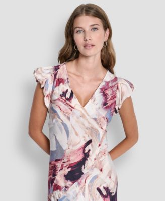 Women's Puff-Sleeve Printed Satin Bias Cut Dress