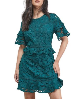 Women's Lace Trim Detail Frill Sleeve Mini Dress