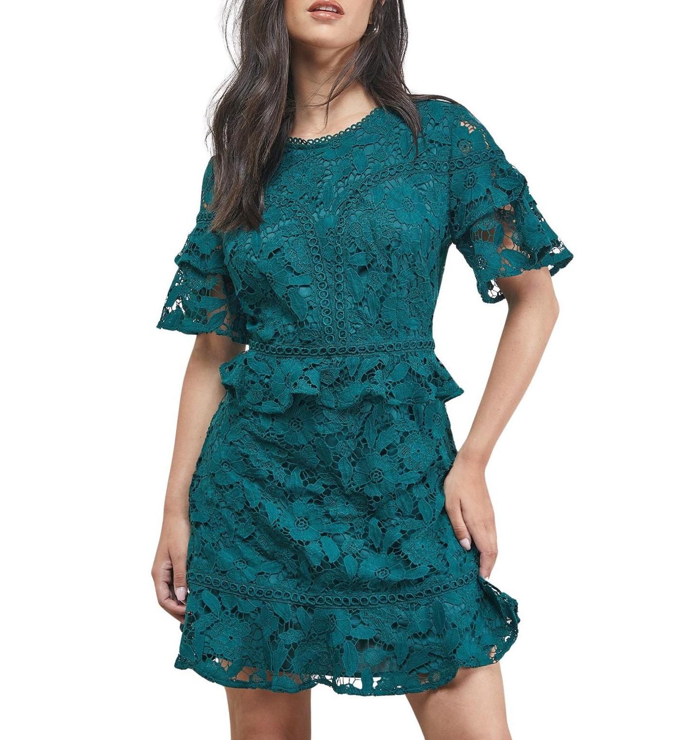 Женское платье Oasis Lace Trim Detail Frill Sleeve Mini, цвет: Зелёный — фото 6
