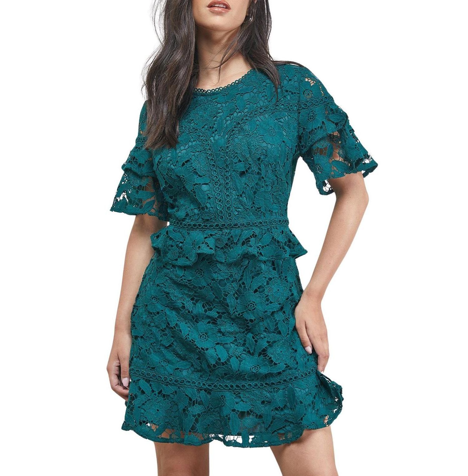 Women's Lace Trim Detail Frill Sleeve Mini Dress