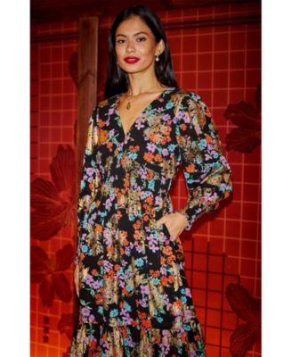 Women's Floral And Foil Ruched Midi Dress