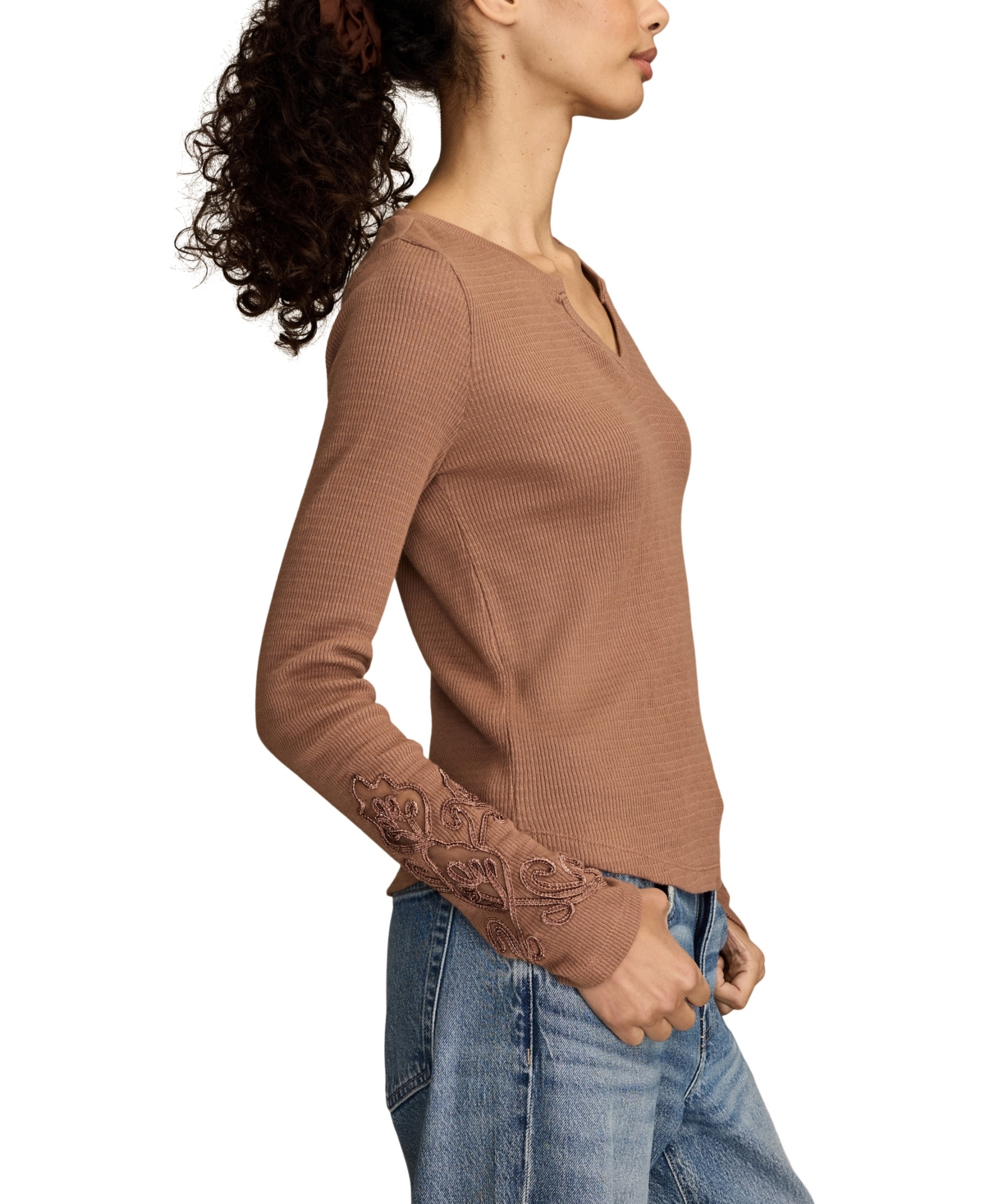 Lucky Brand Cutwork Detail Cotton Rib Top In Brown