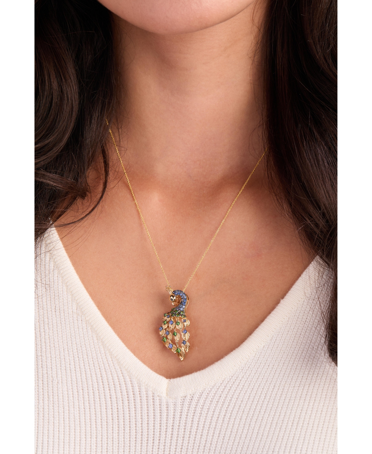 Le Vian Sapphire (5/8 ct. t.w.), Tsavorite (3/8 ct. t.w.) & Black Diamond Accent Peacock 20" Pendant Necklace in 14k Gold