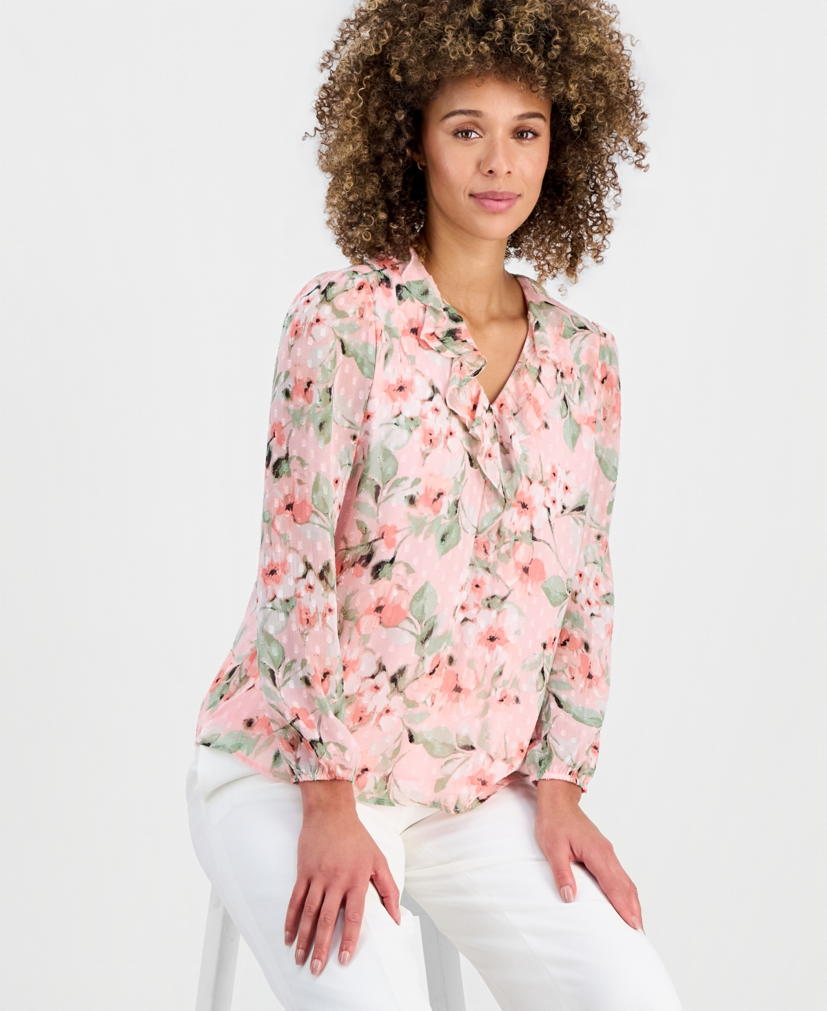 Kasper Women's Printed Clip Dot Ruffled Blouson-Sleeve Blouse