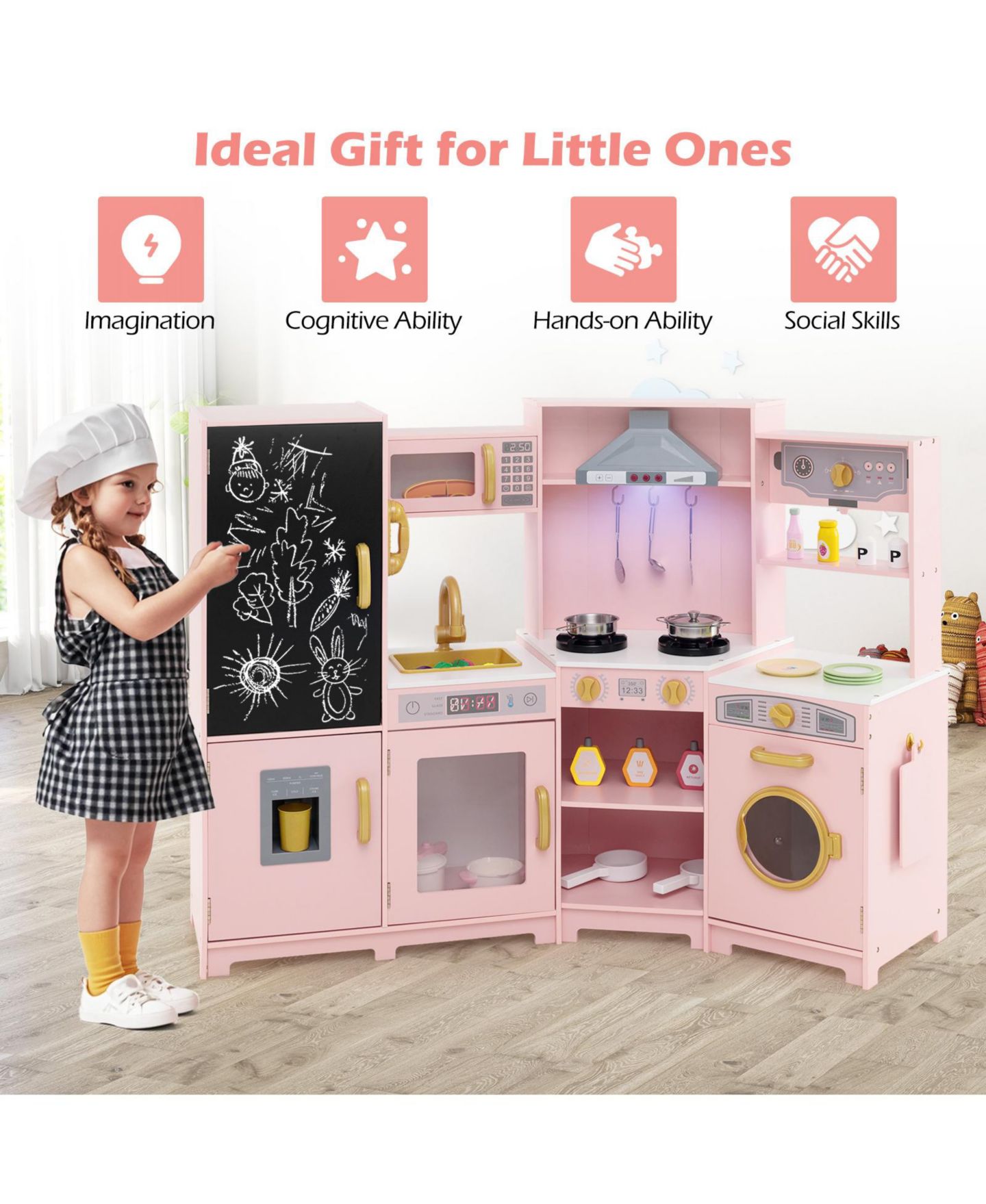 Детская игрушка Gymax Corner Kids Play Kitchen Wooden Pretend Toy Kitchen with Realistic Lights, цвет: Розовый — фото 5