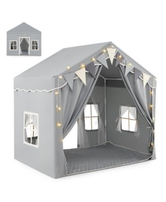 3-4 Kids Large Play Tent House w/ 2 Opening Doors Star Lights & Plaid Pennants