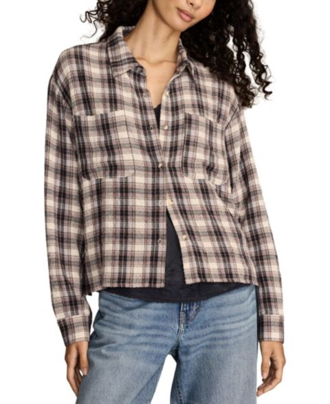 Женская рубашка Lucky Brand Cropped Plaid Drapey Long-Sleeve Shirt, цвет: Кремовый клетчатый