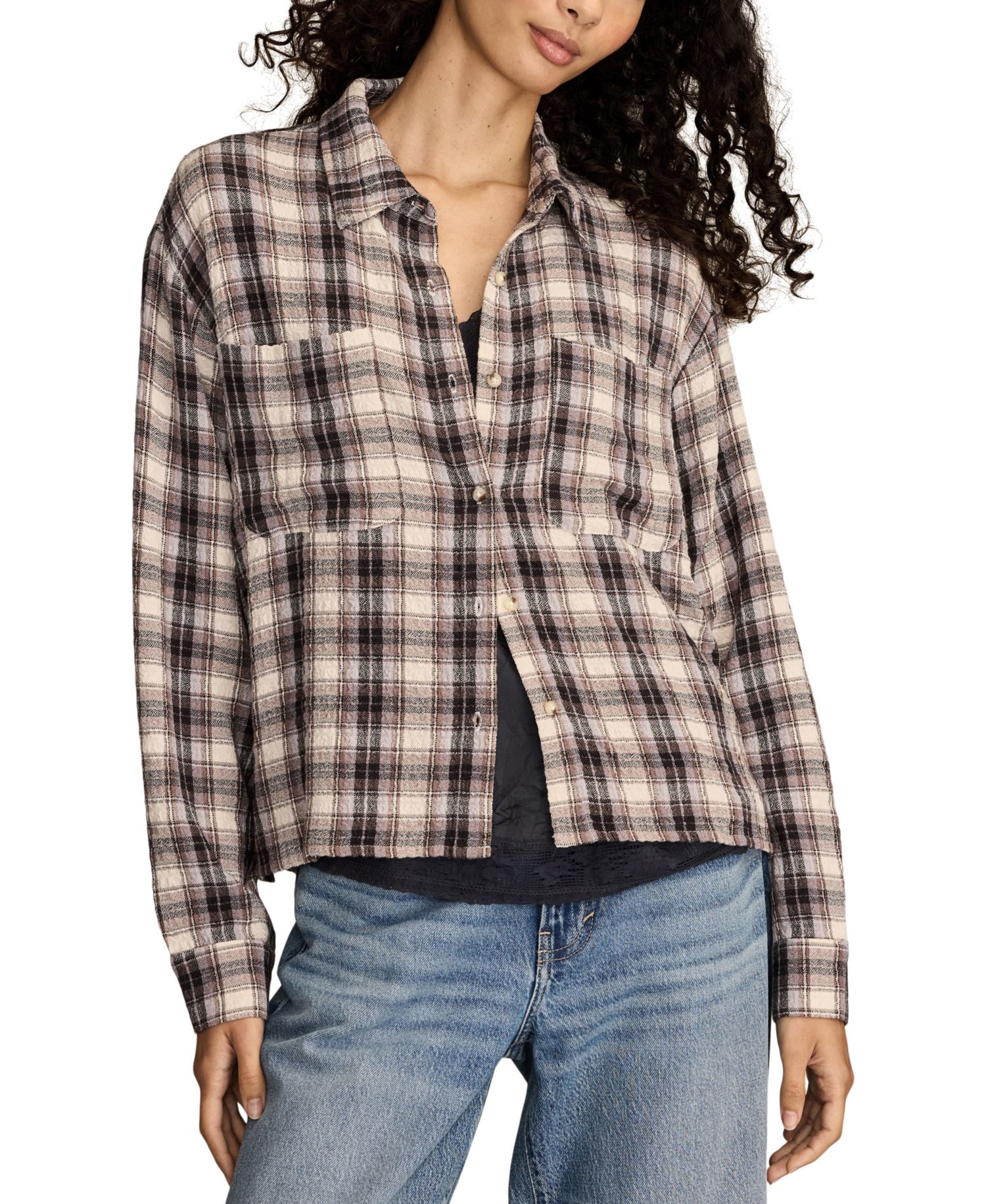 Women's Cropped Plaid Drapey Long-Sleeve Shirt